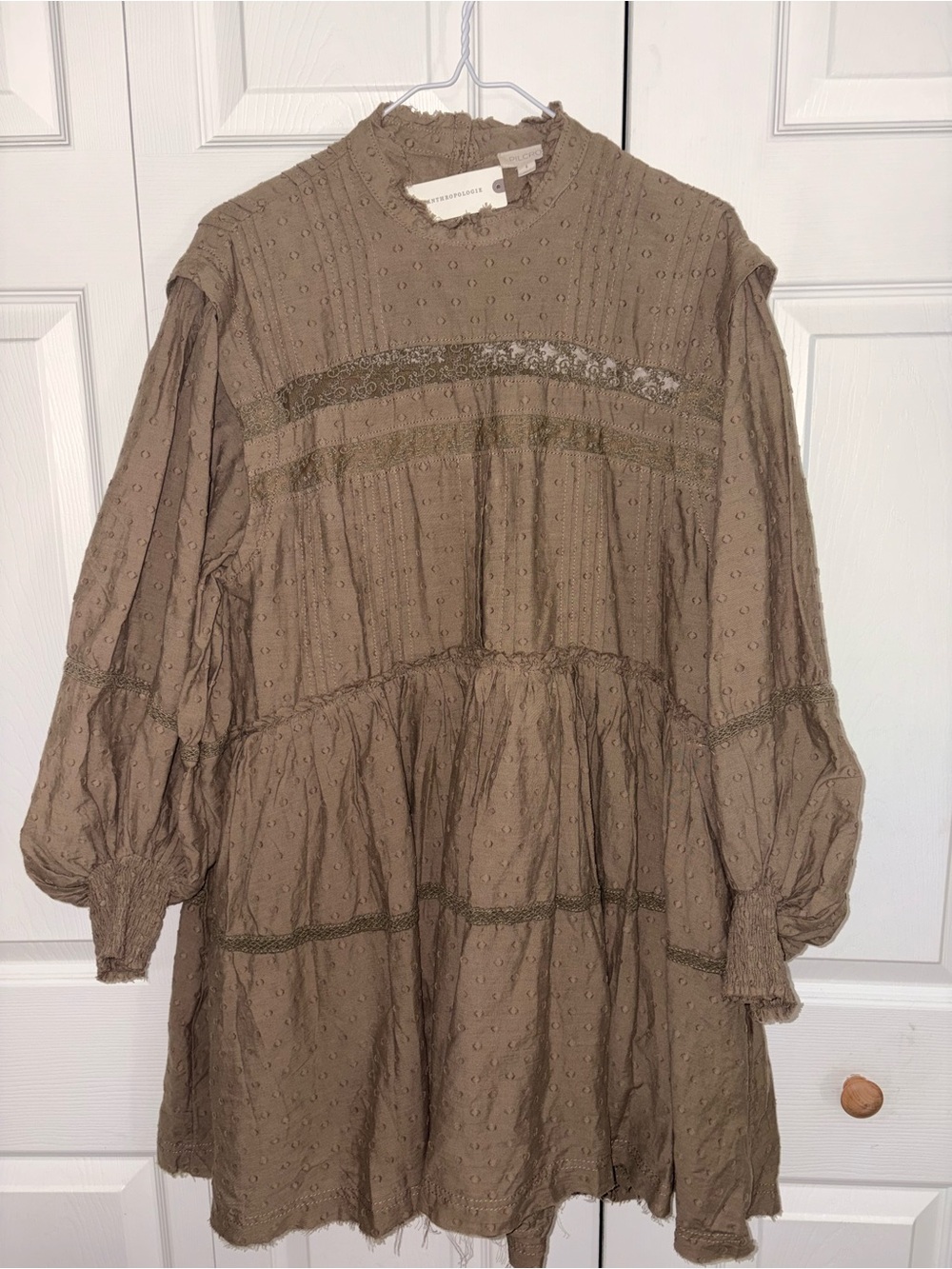 Anthropologie Taupe Swiss Dot Tiered Long-Sleeve Dress